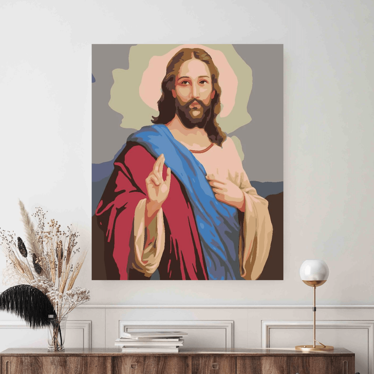 Colectie tablouri pe numere - Religioase: Setul include vopsele numerotate, 3 pensule, panza numerotata, agatatoare, imagine de control si pachet pentru impachetat. Optional, poate avea sasiu pentru inramare.
