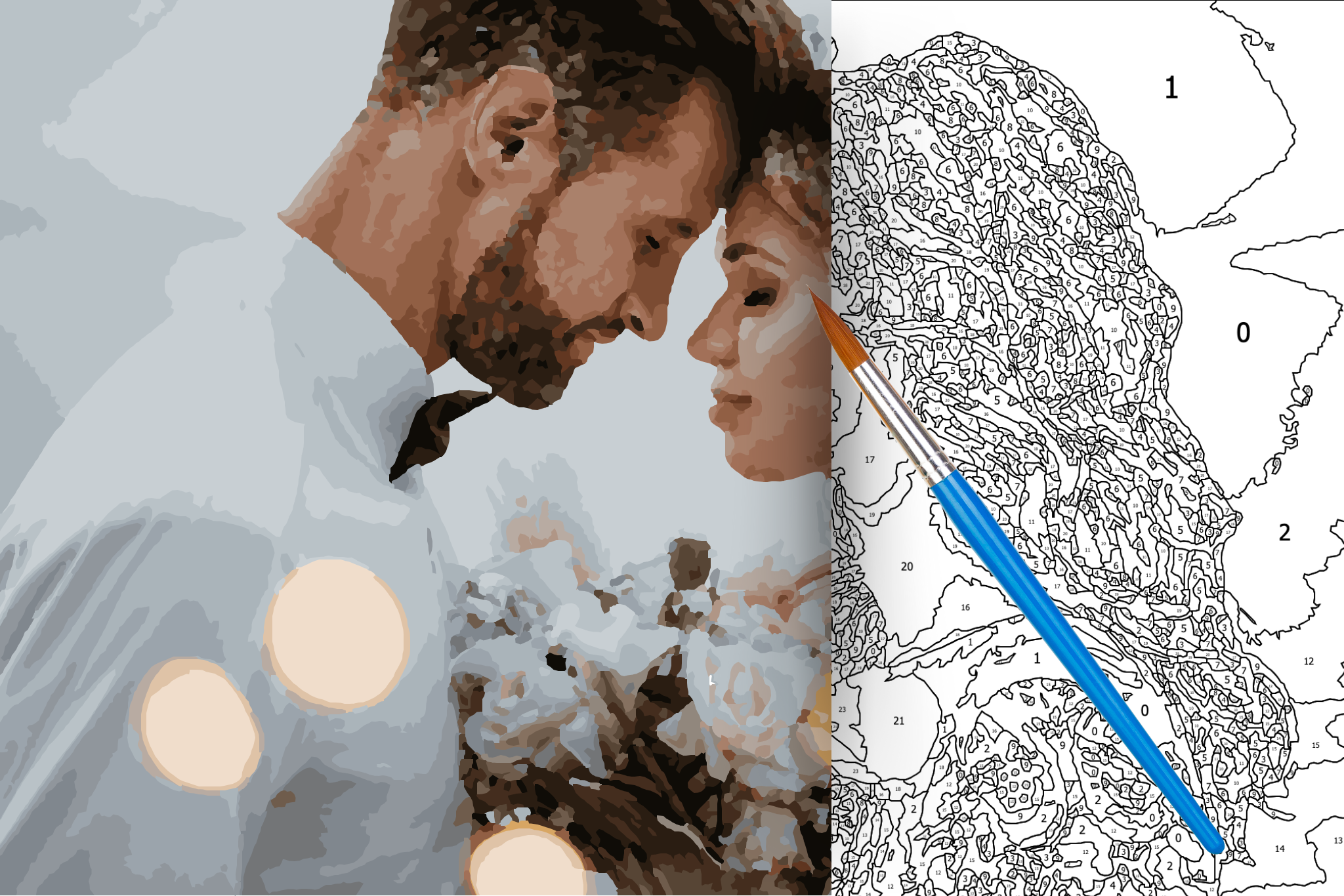 Tablou personalizat pe numere – Un tablou de pictat pe numere, creat dupa o imagine personalizata la alegerea ta. Setul include vopsele numerotate, un sasiu optional pentru inramare si o panza impartita pe sectiuni numerotate corespunzatoare culorilor.