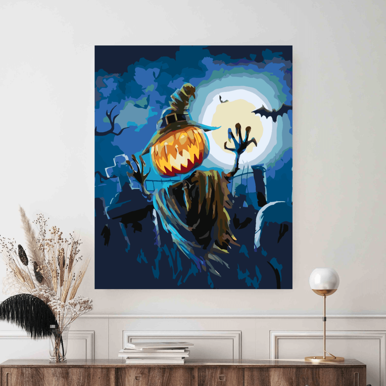 Colectie tablouri pe numere - Halloween: Setul include vopsele numerotate, 3 pensule, panza numerotata, agatatoare, imagine de control si pachet pentru impachetat. Optional, poate avea sasiu pentru inramare.