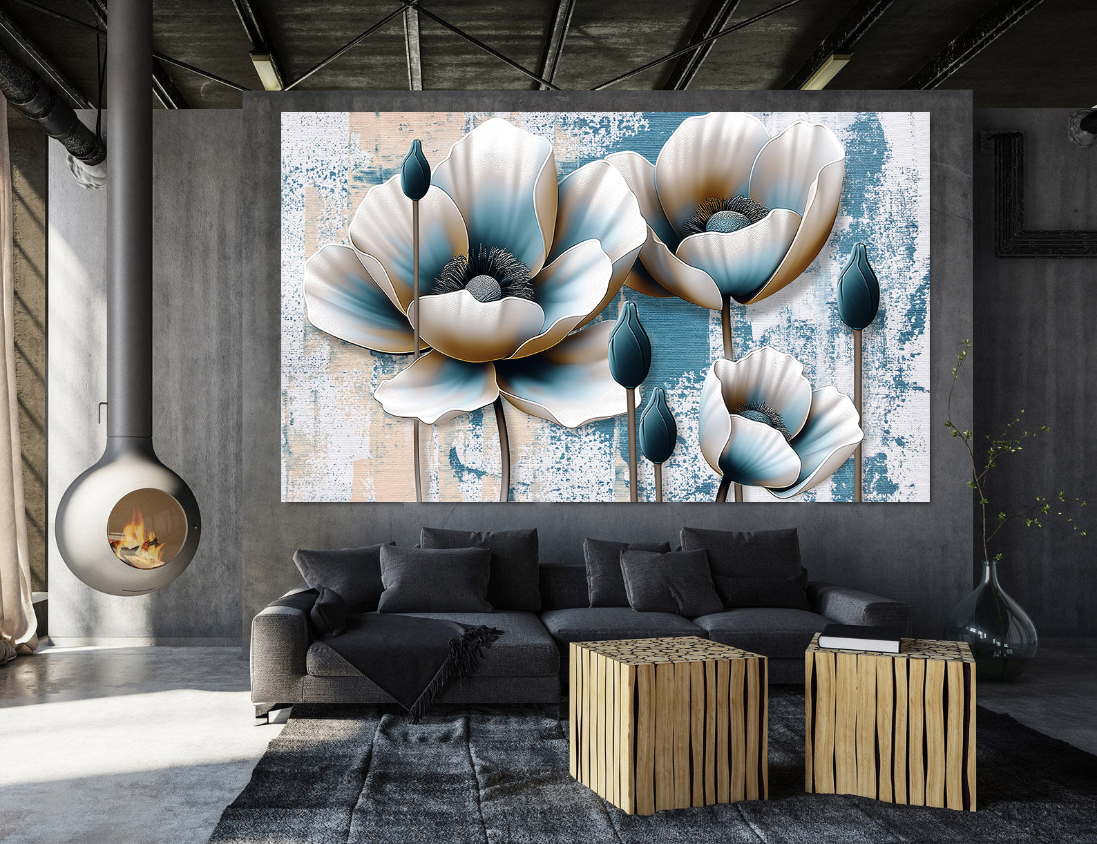 Peinture sur toile - Fleurs dorées et bleues