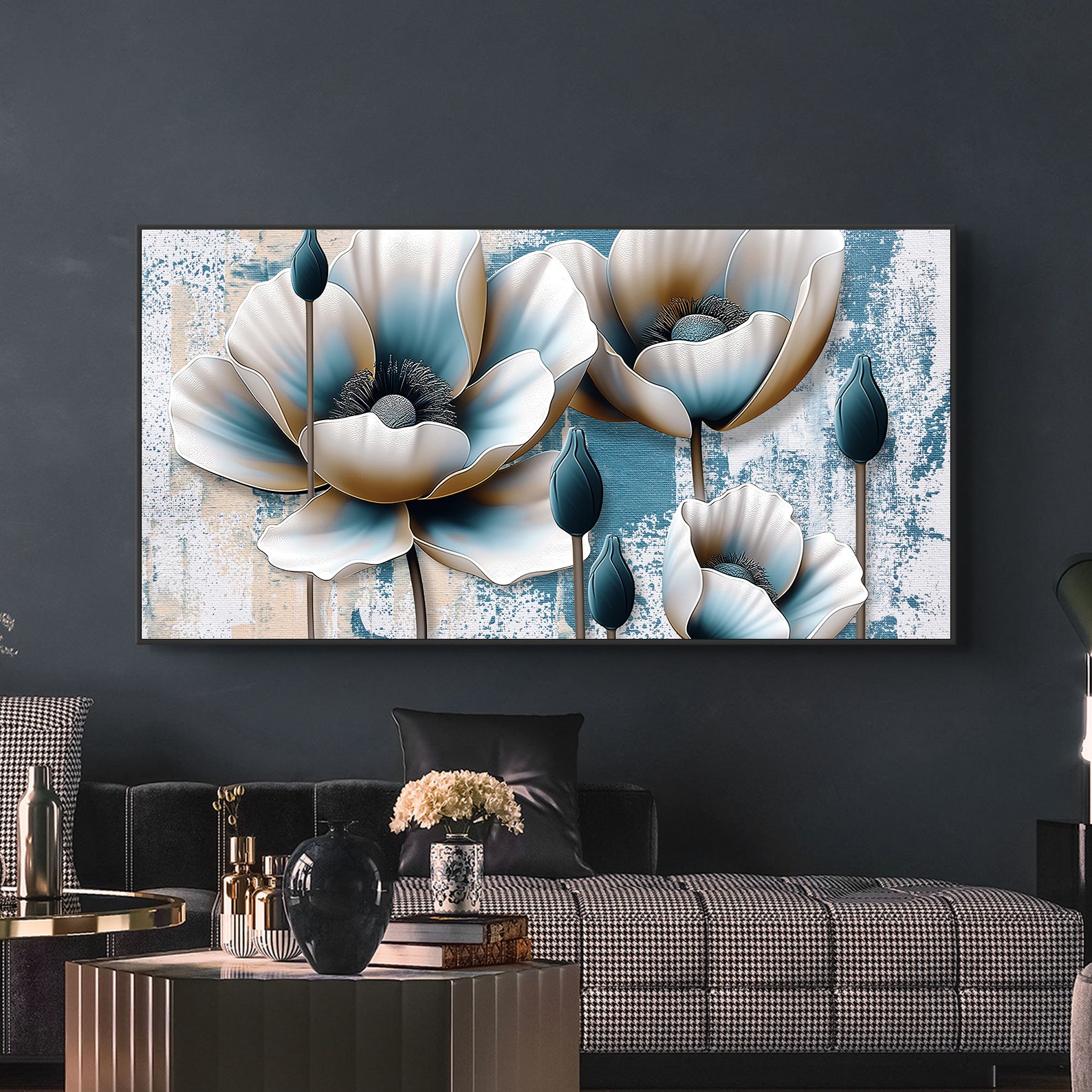 Tablou Canvas - Flori Aurii și Albastre