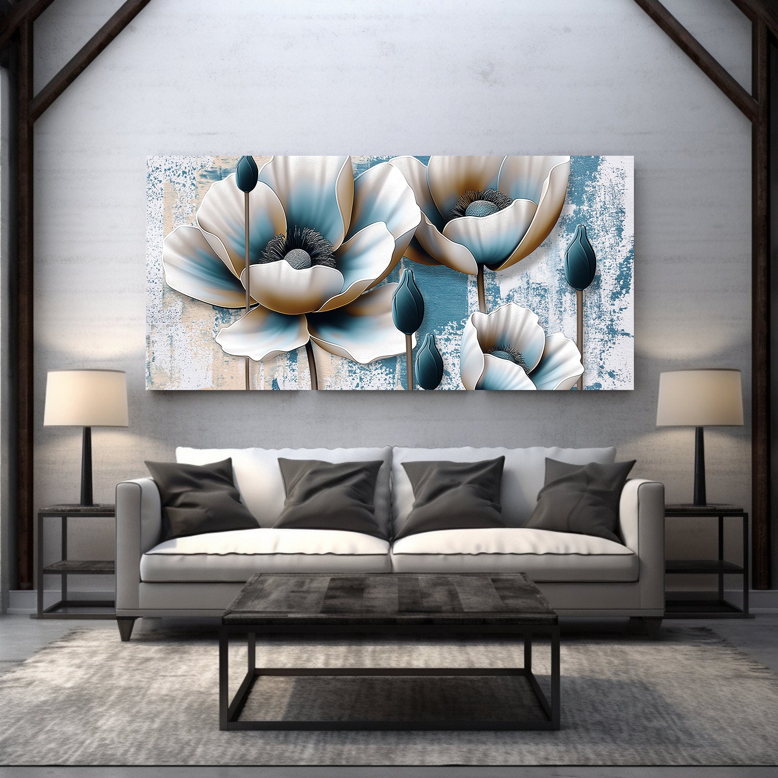 Peinture sur toile - Fleurs dorées et bleues