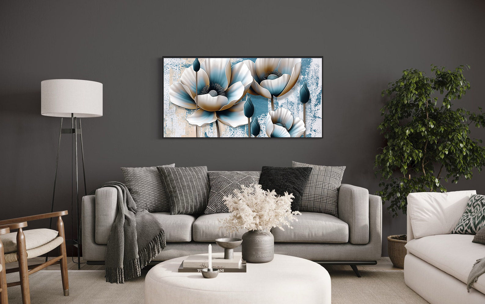 Peinture sur toile - Fleurs dorées et bleues