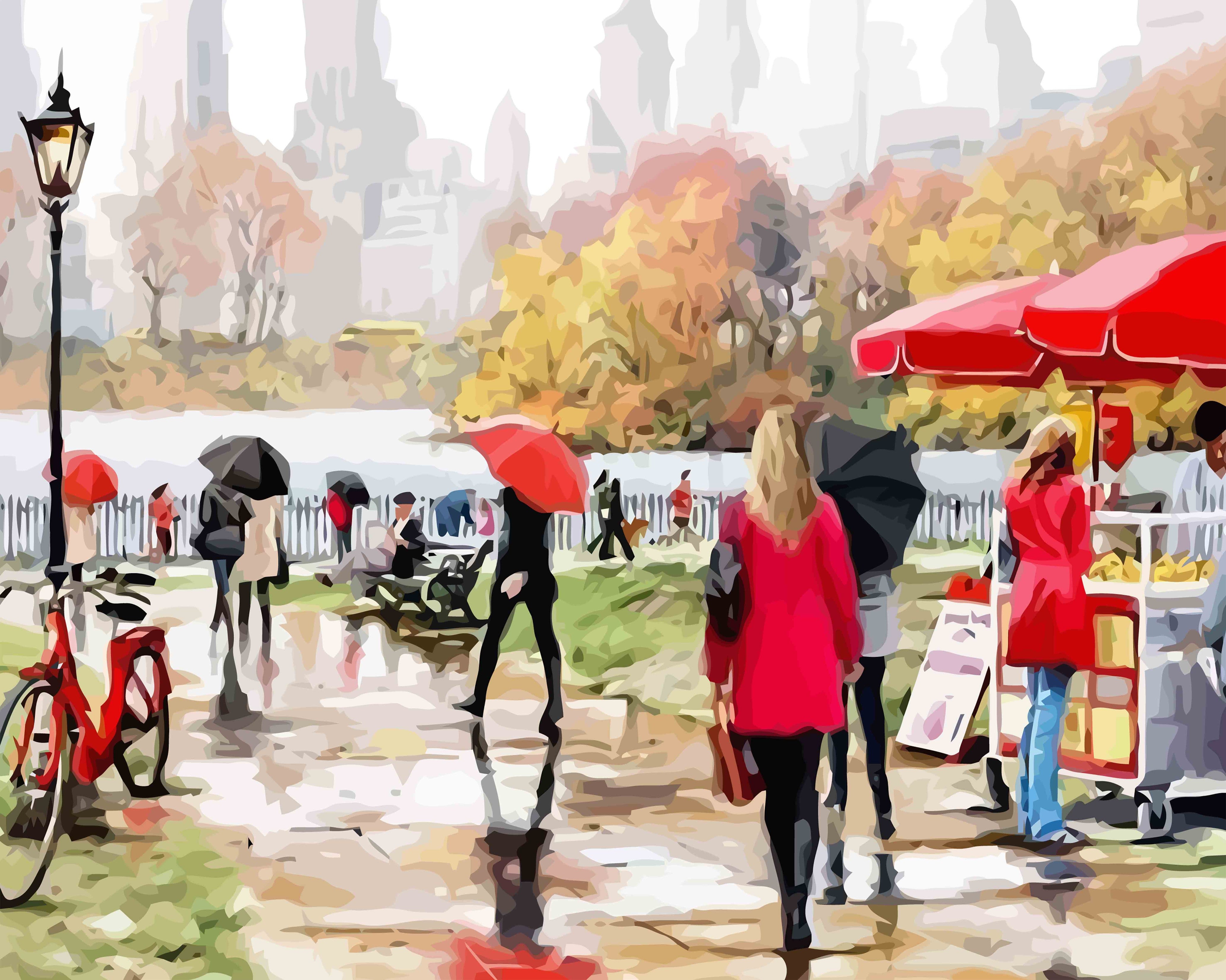 a painting of people walking in the rain with umbrellas