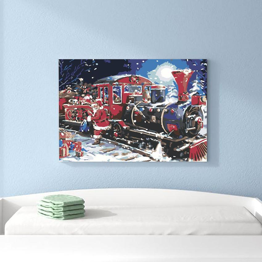 a painting of a train on a wall above a bed