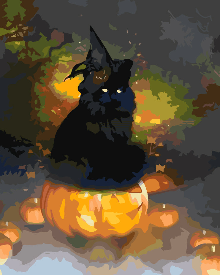 Pictura pe numere - Dovleac de Halloween și Pisică 3616