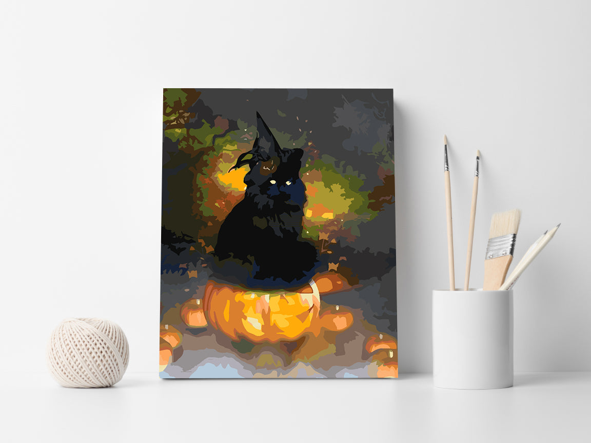 Pictura pe numere - Dovleac de Halloween și Pisică 3616