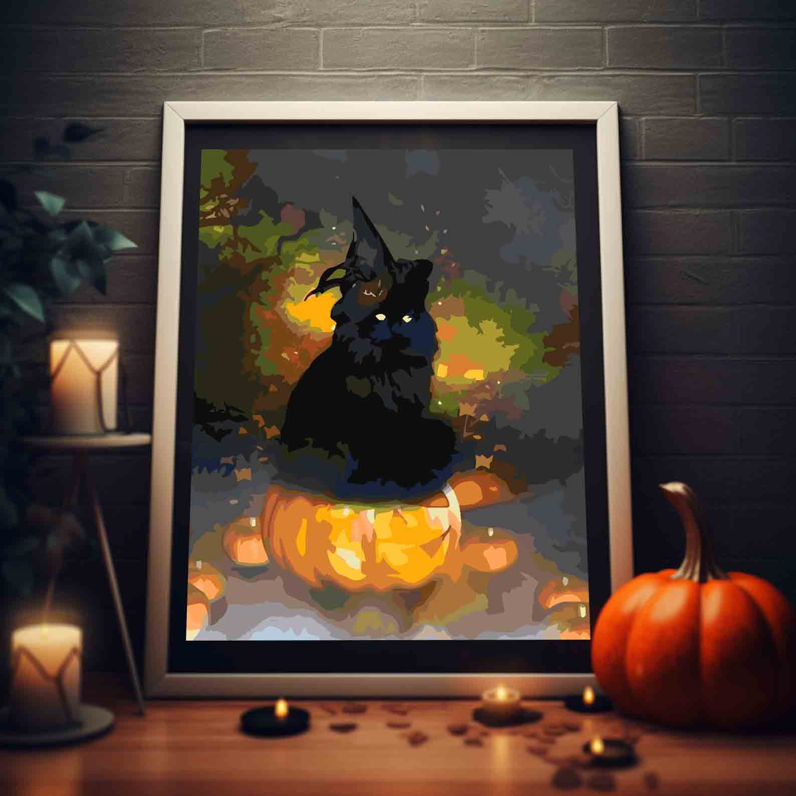 Pictura pe numere - Dovleac de Halloween și Pisică 3616