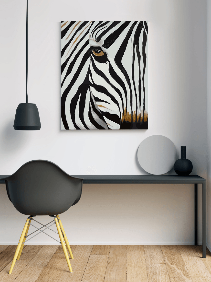 a painting of a zebra on a wall above a desk