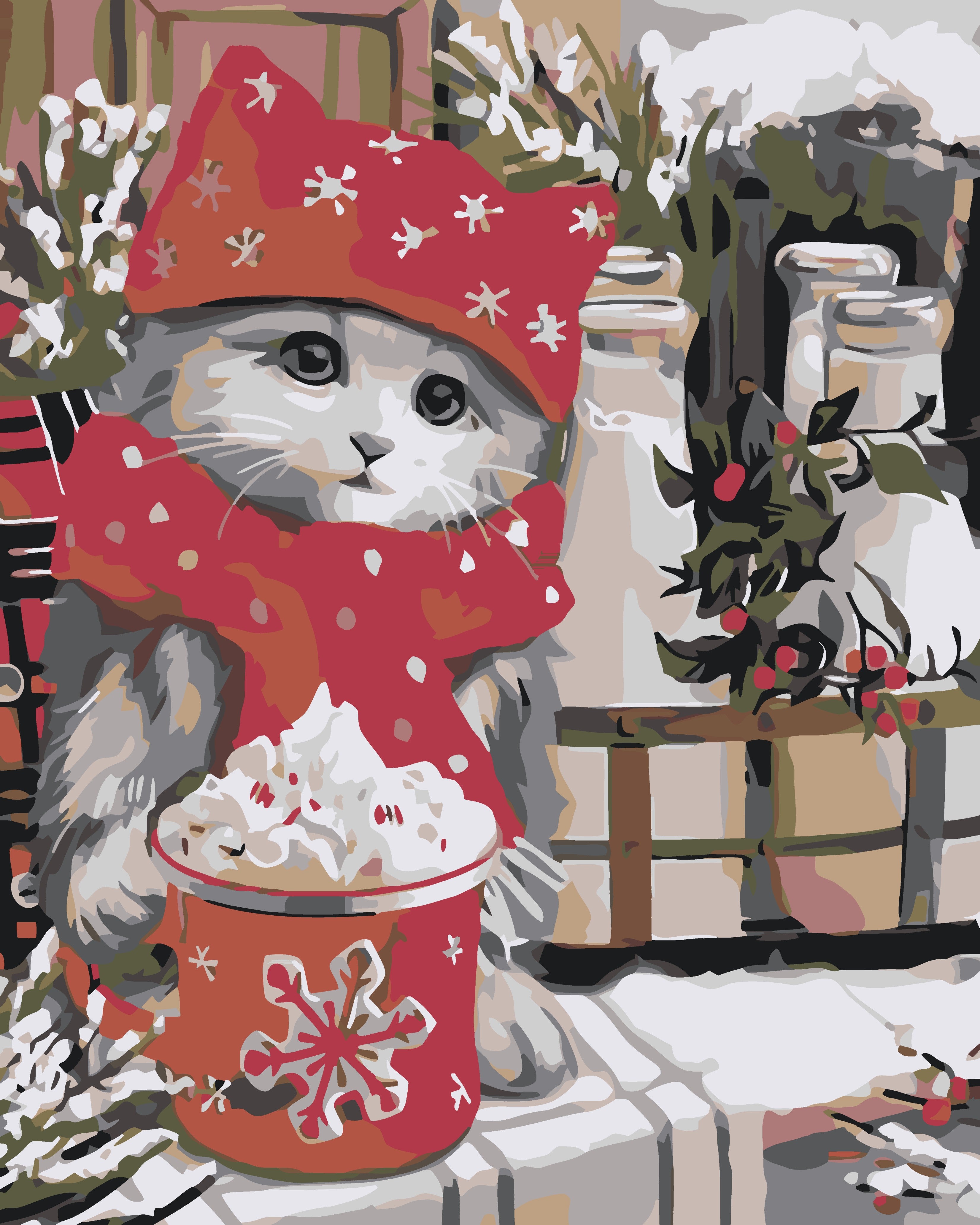 a painting of a cat wearing a red hat and scarf