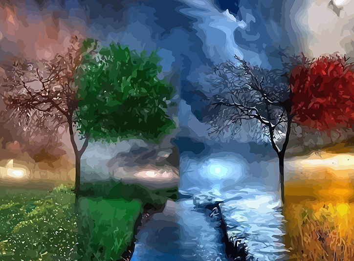 a painting on a wall of a river and trees