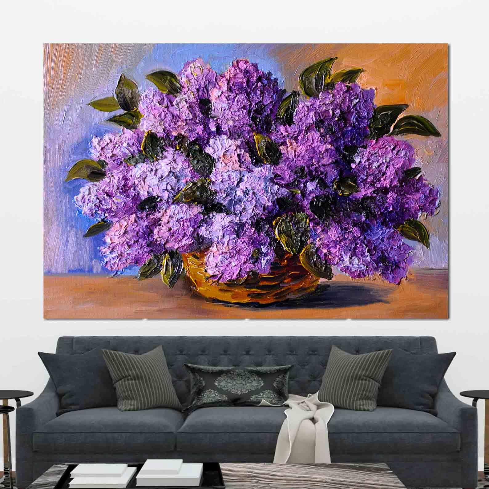 Tableau sur toile - Panier avec fleurs violettes