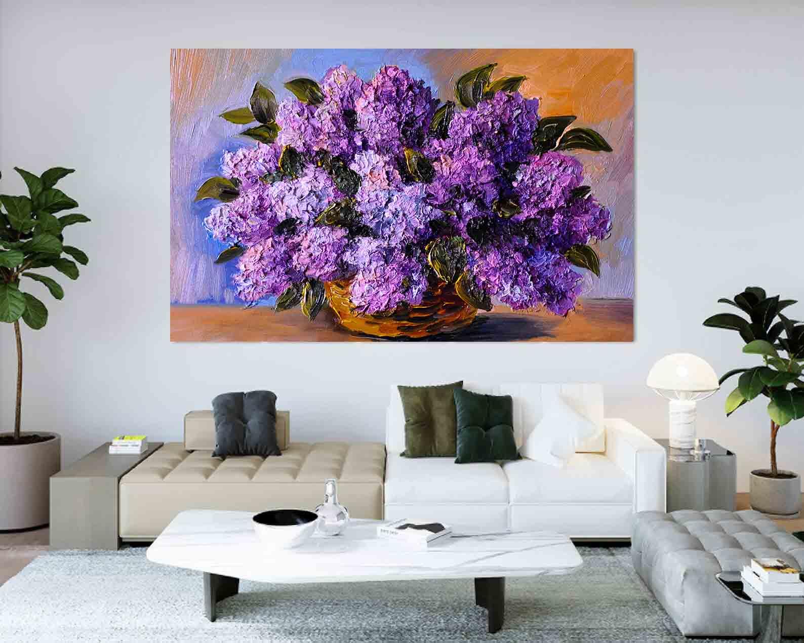 Tableau sur toile - Panier avec fleurs violettes