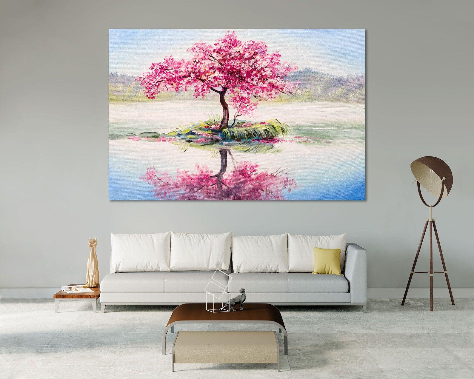 Peinture sur toile - Arbre aux fleurs roses