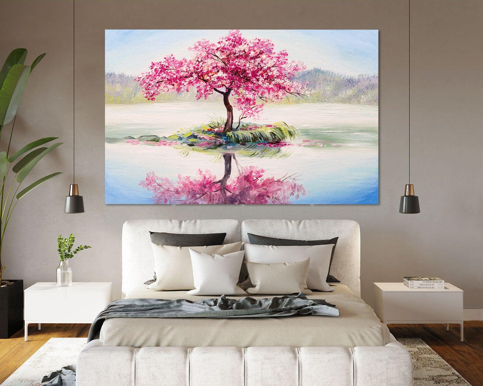 Peinture sur toile - Arbre aux fleurs roses