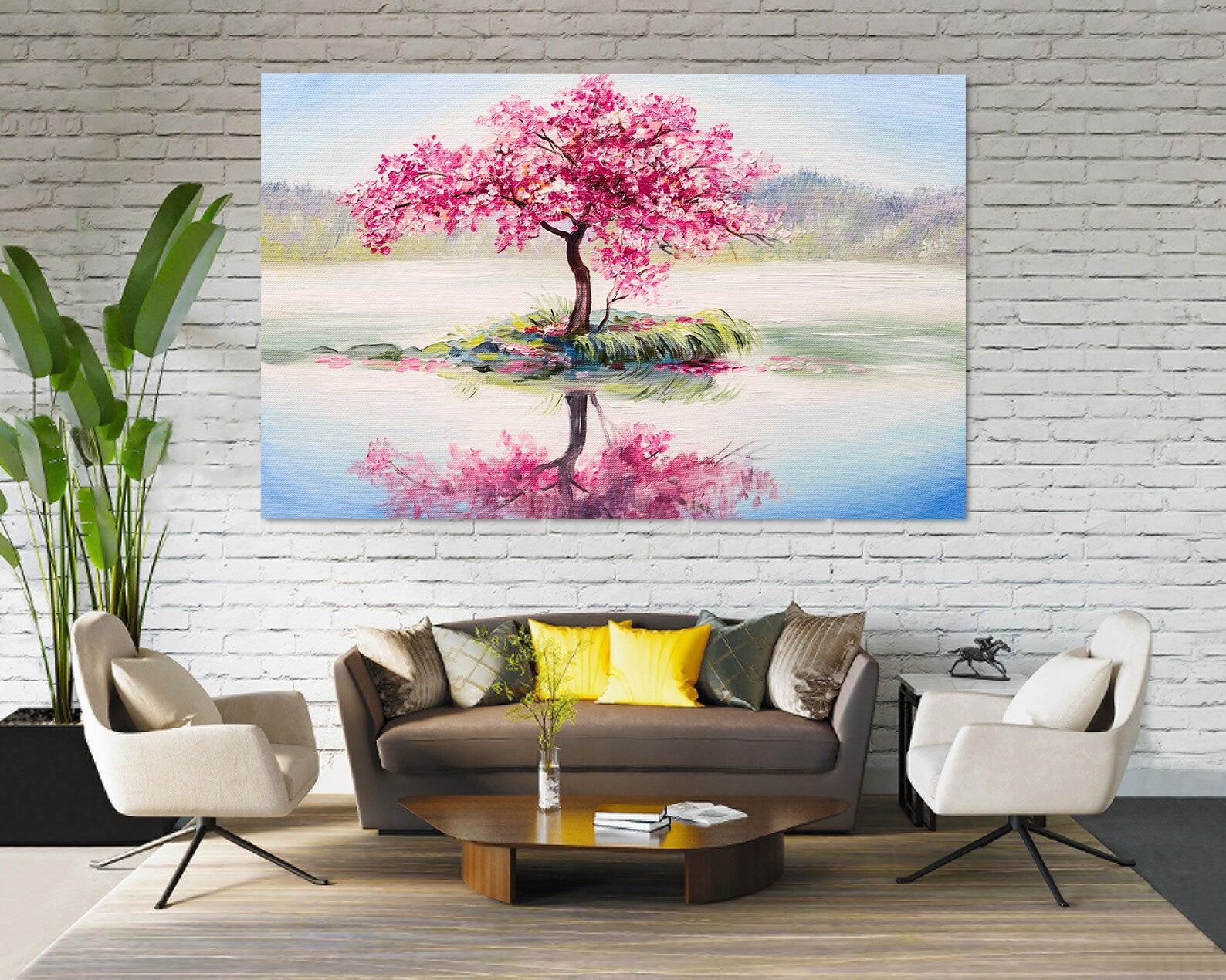 Peinture sur toile - Arbre aux fleurs roses