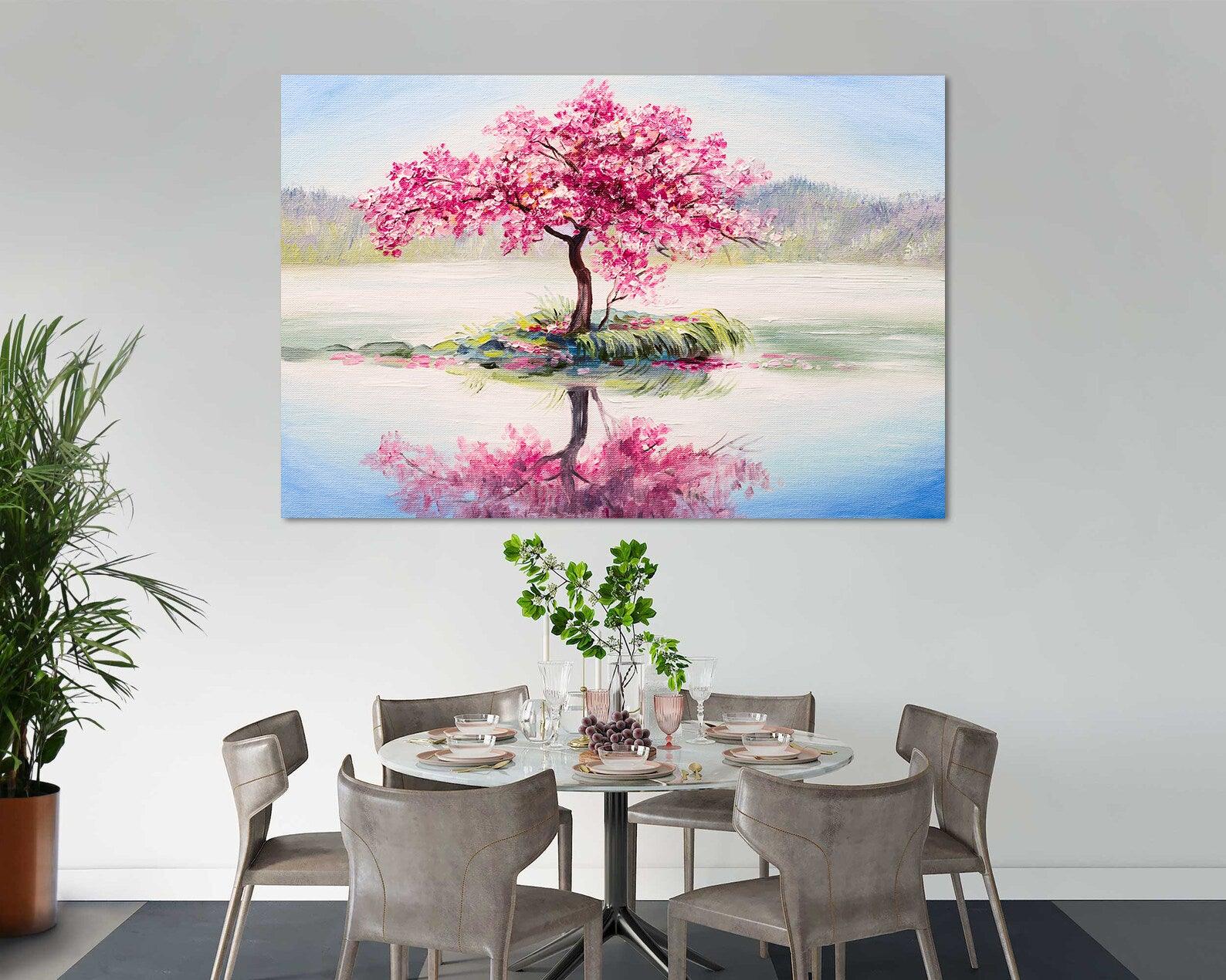 Peinture sur toile - Arbre aux fleurs roses