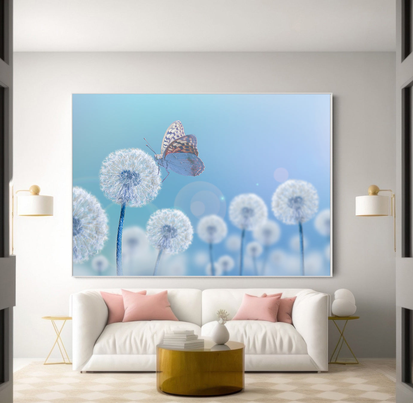 Peinture sur toile - Papillon sur pissenlits