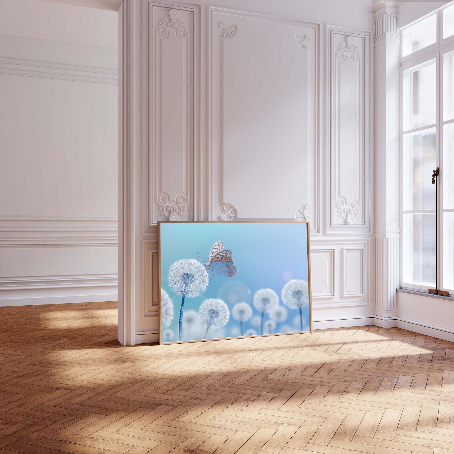 Peinture sur toile - Papillon sur pissenlits