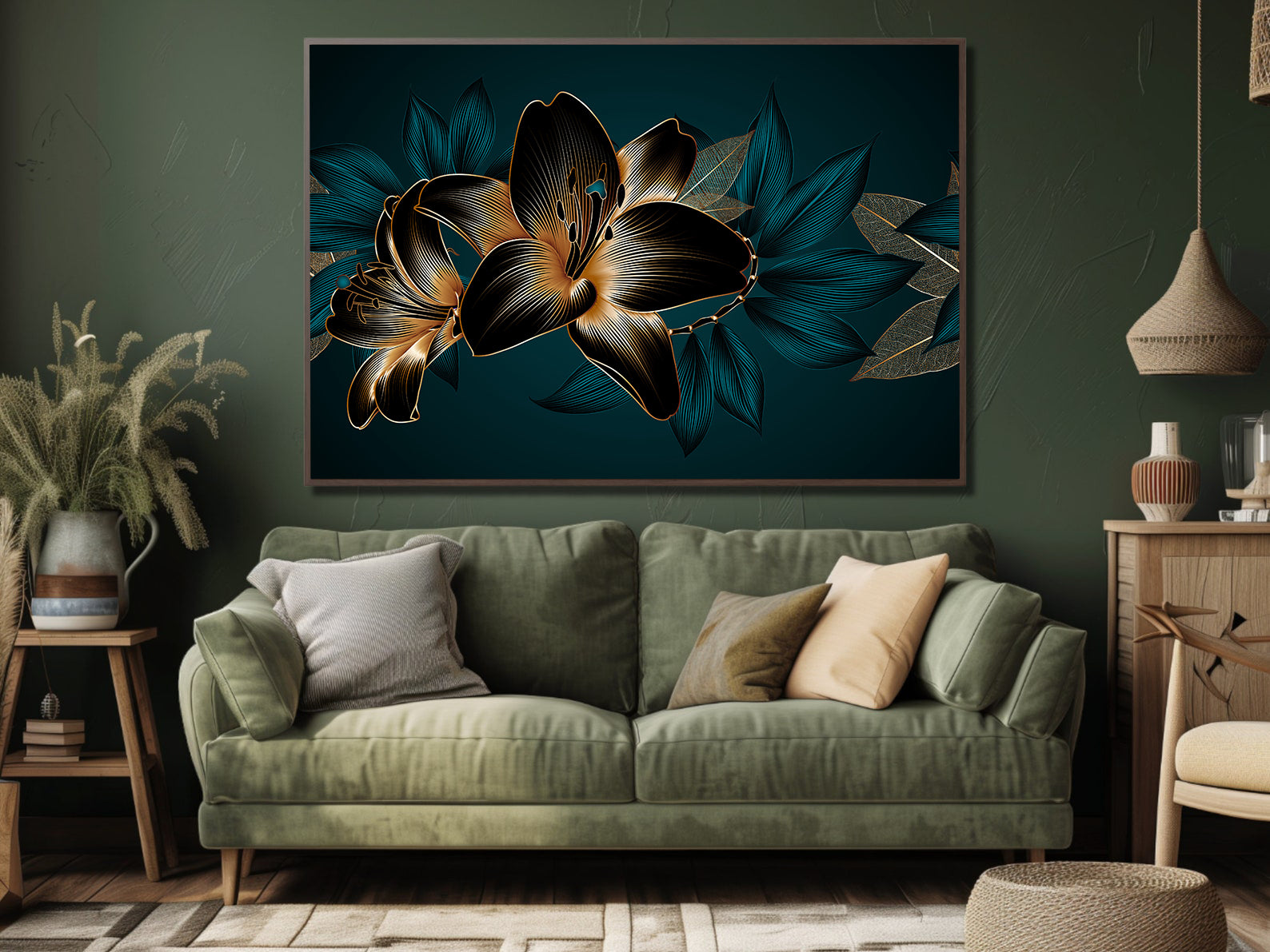 Peinture sur toile - Fleurs bleues et dorées