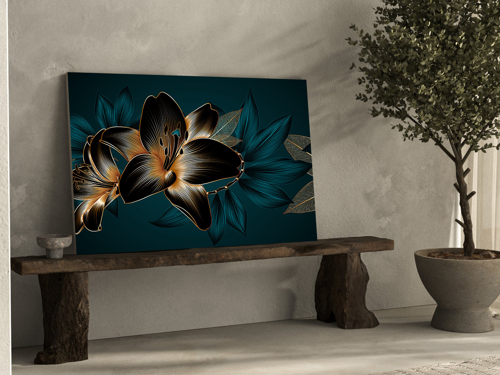 Peinture sur toile - Fleurs bleues et dorées