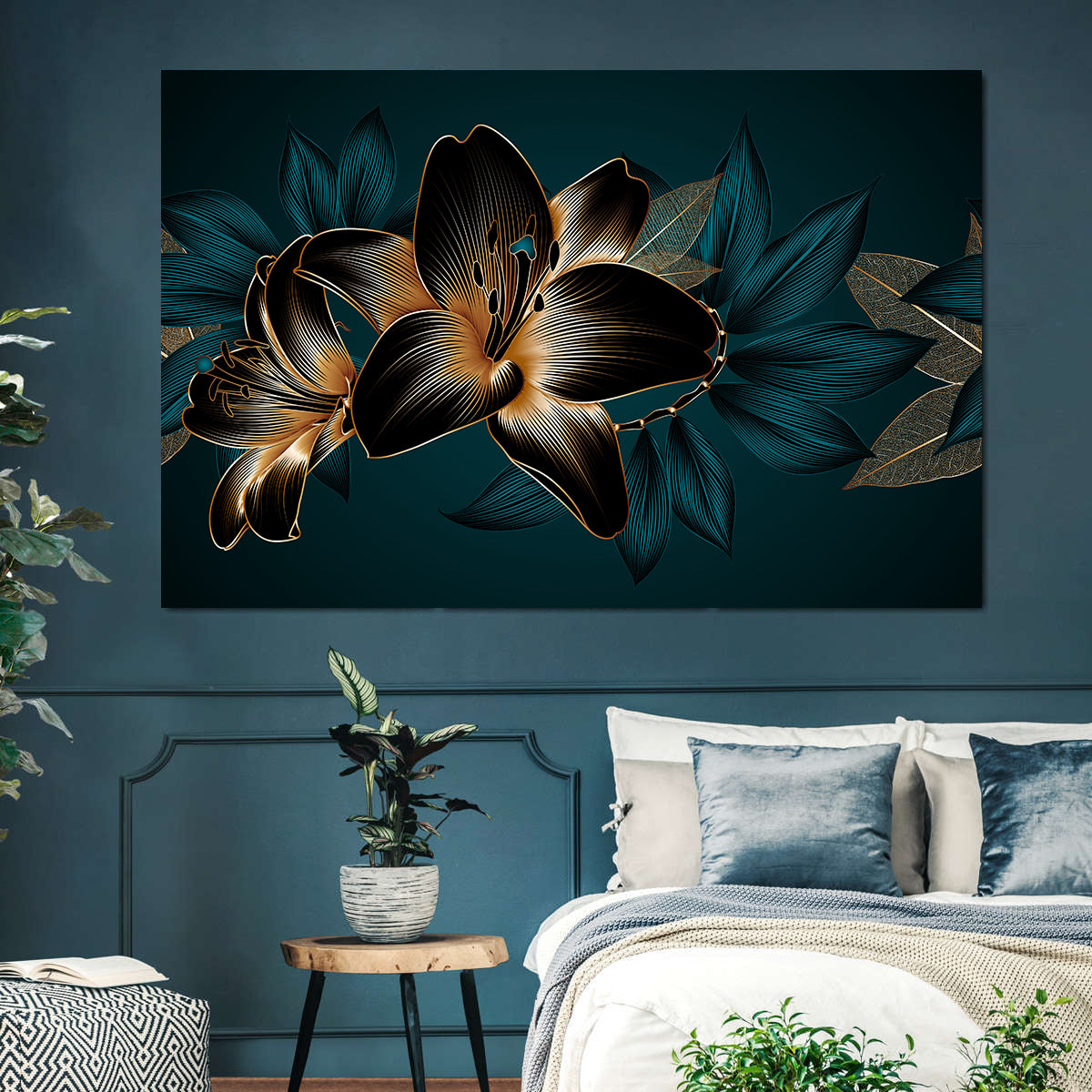 Tablou Canvas - Flori Albastre și Aurii