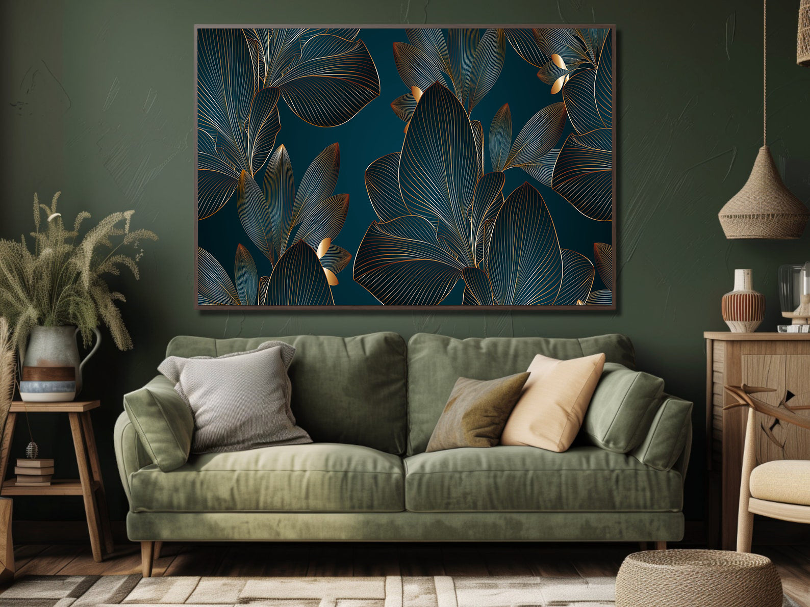 Peinture sur toile - Feuilles vertes et dorées