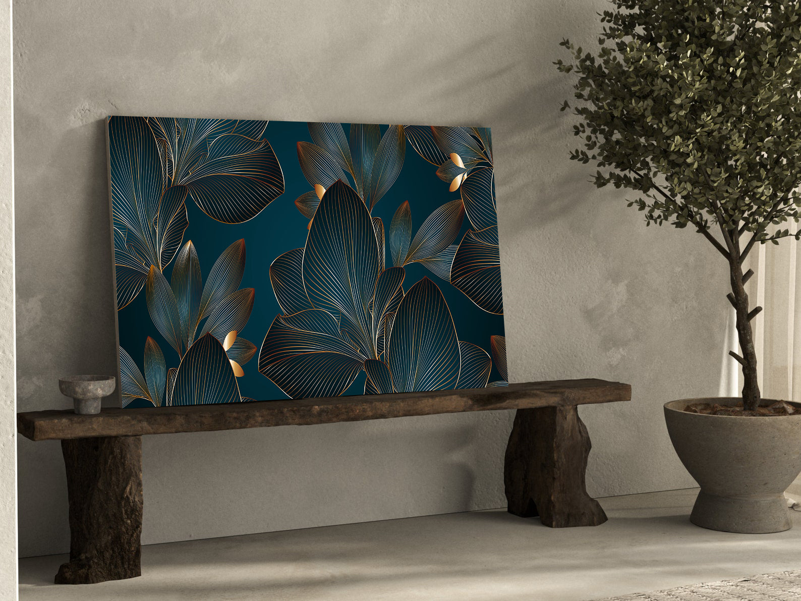 Peinture sur toile - Feuilles vertes et dorées