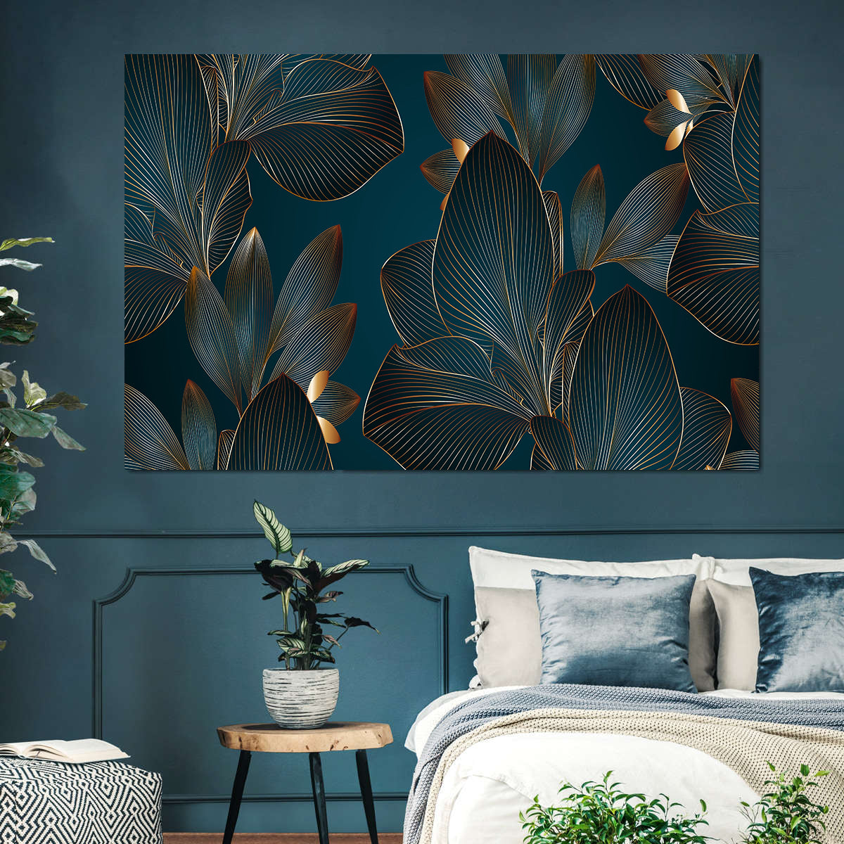 Peinture sur toile - Feuilles vertes et dorées