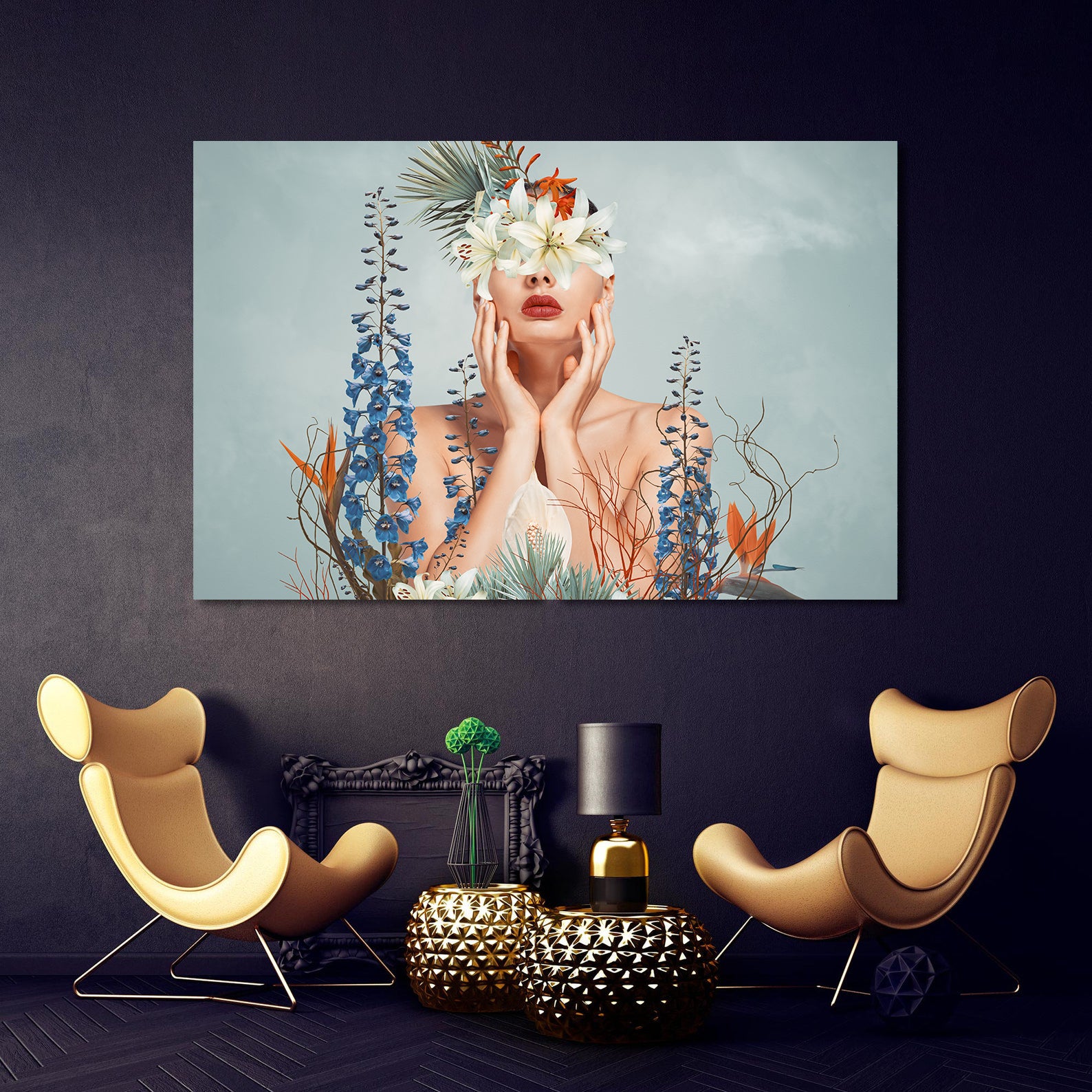 Peinture sur toile - Portrait avec fleurs