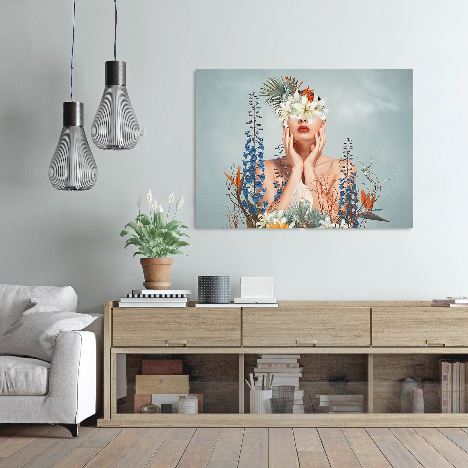 Peinture sur toile - Portrait avec fleurs