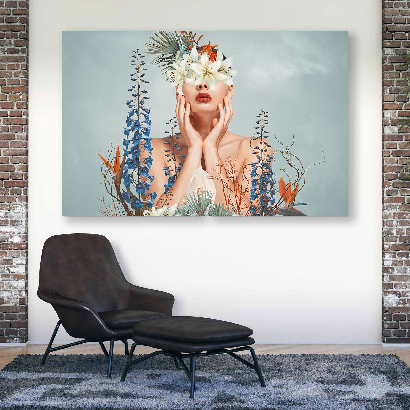 Peinture sur toile - Portrait avec fleurs