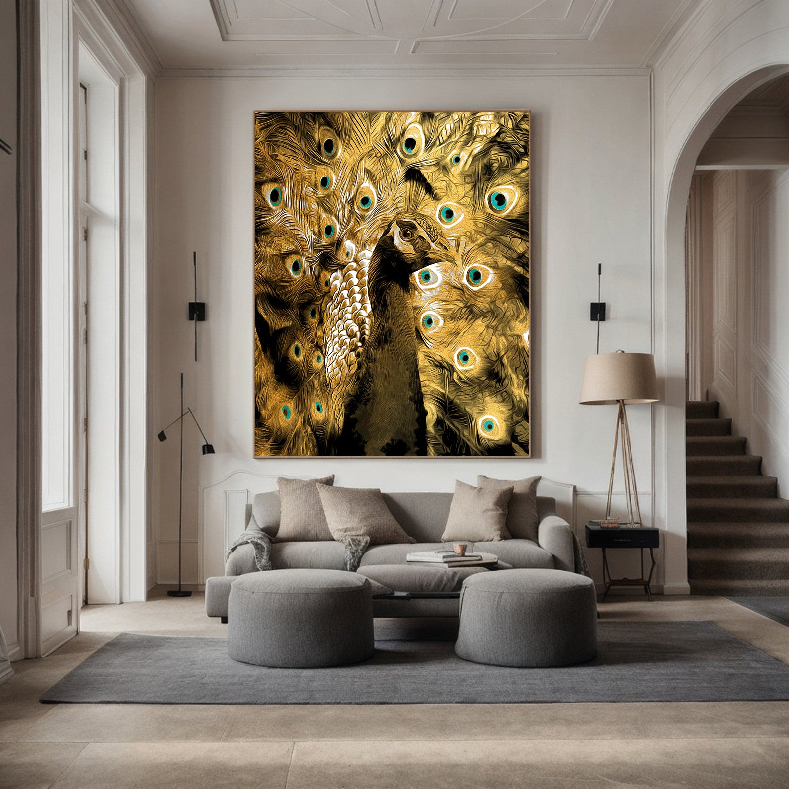 Peinture sur toile - Paon aux plumes dorées