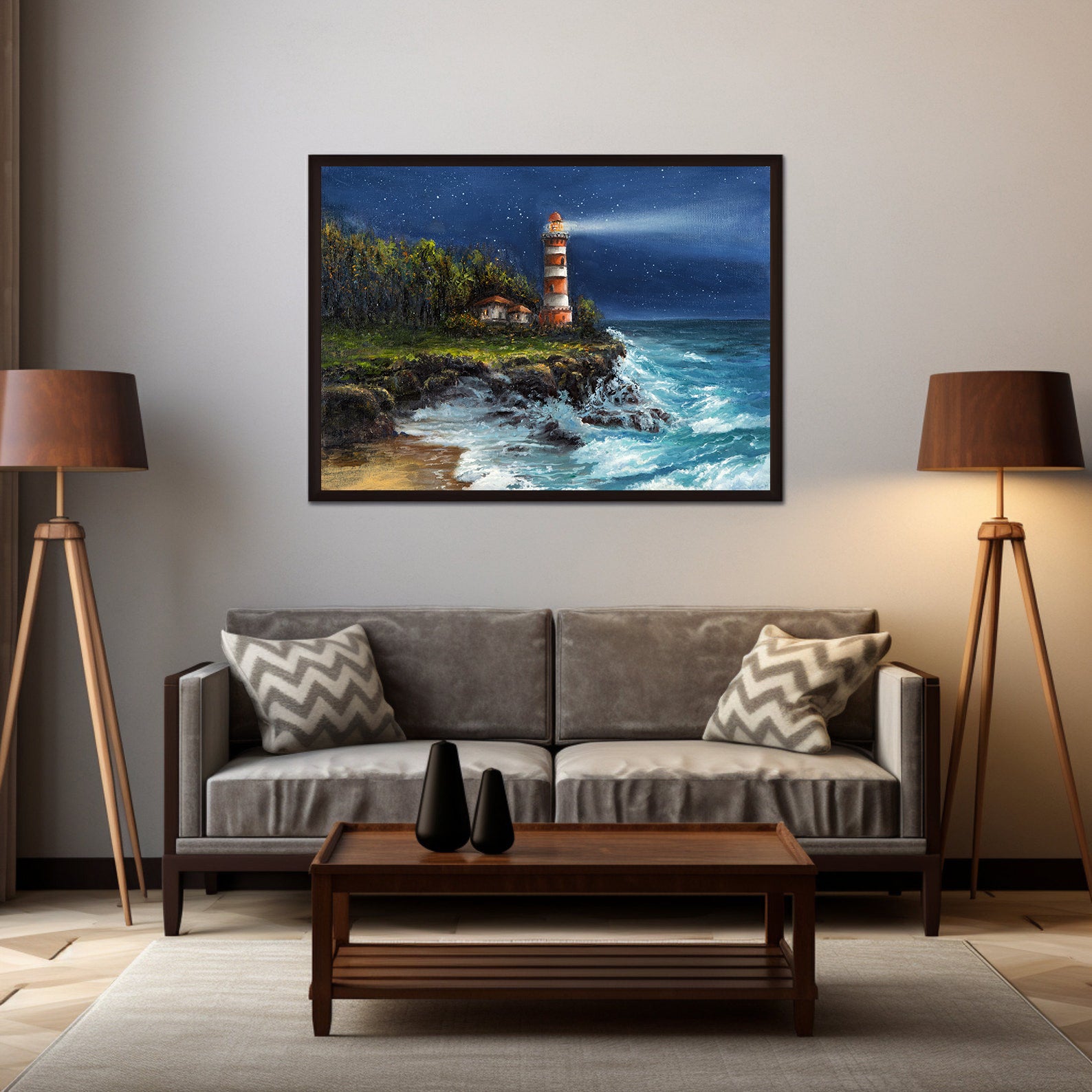 Peinture sur toile - Phare en mer la nuit