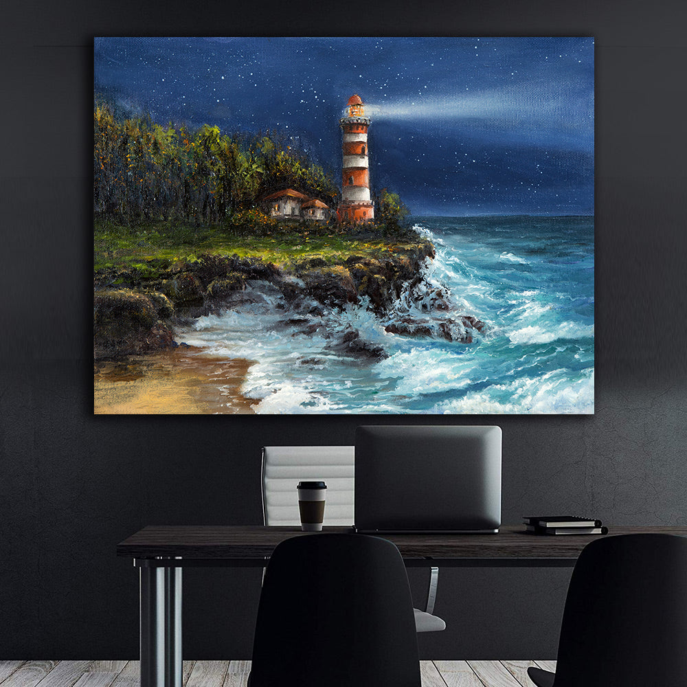 Peinture sur toile - Phare en mer la nuit