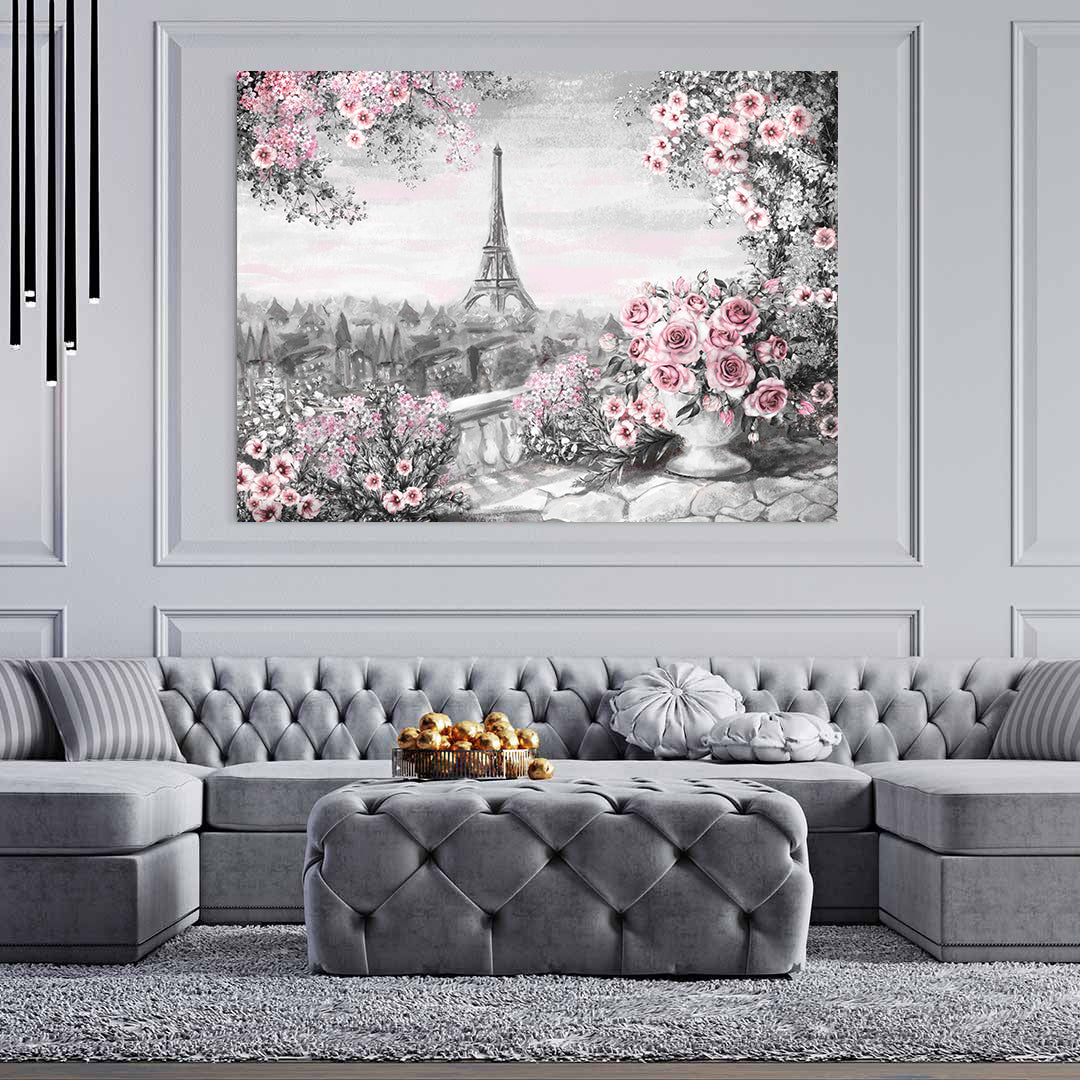 Tableau sur toile - Paris en fleurs roses