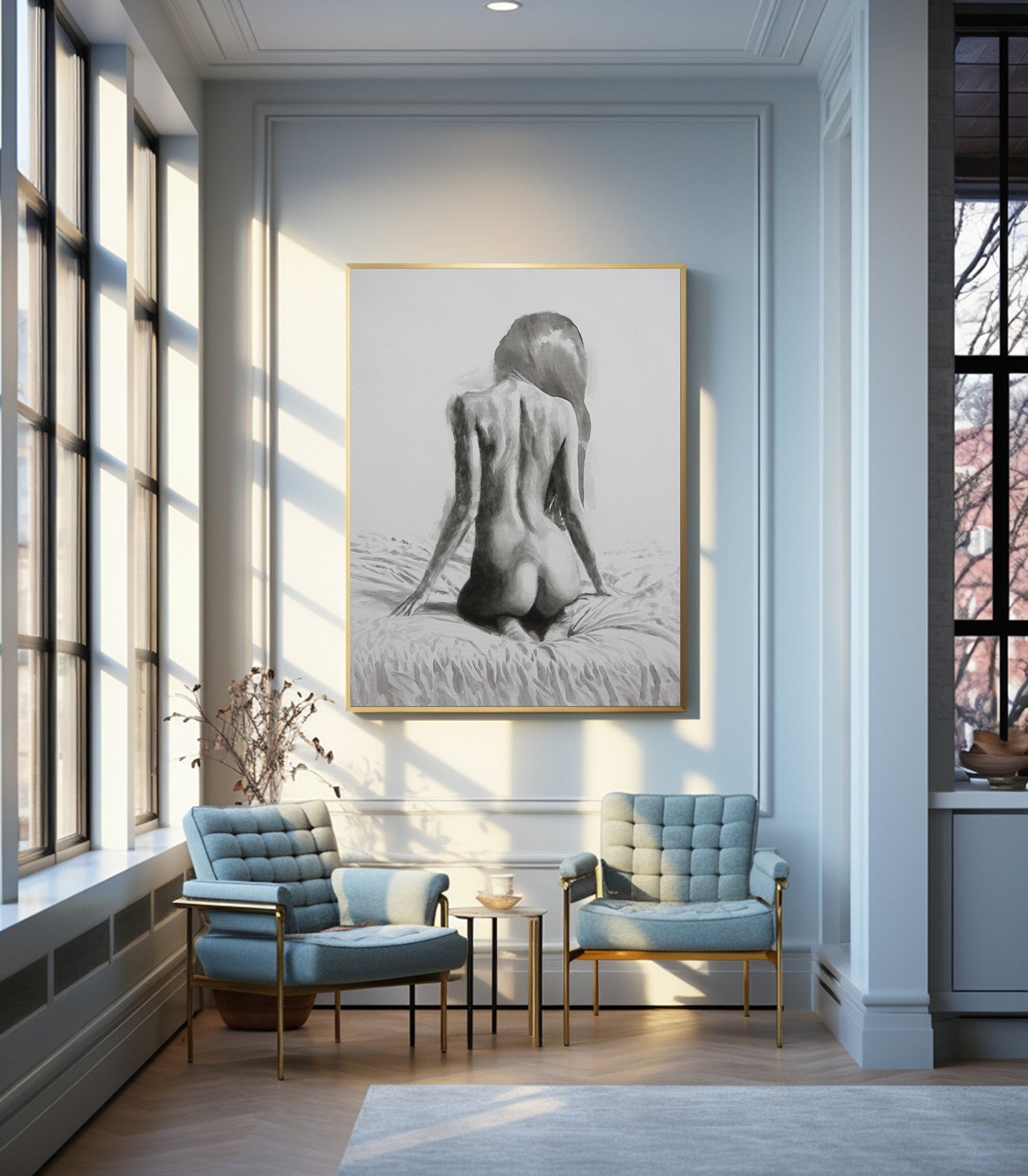 Peinture sur toile - Femme nue en noir et blanc