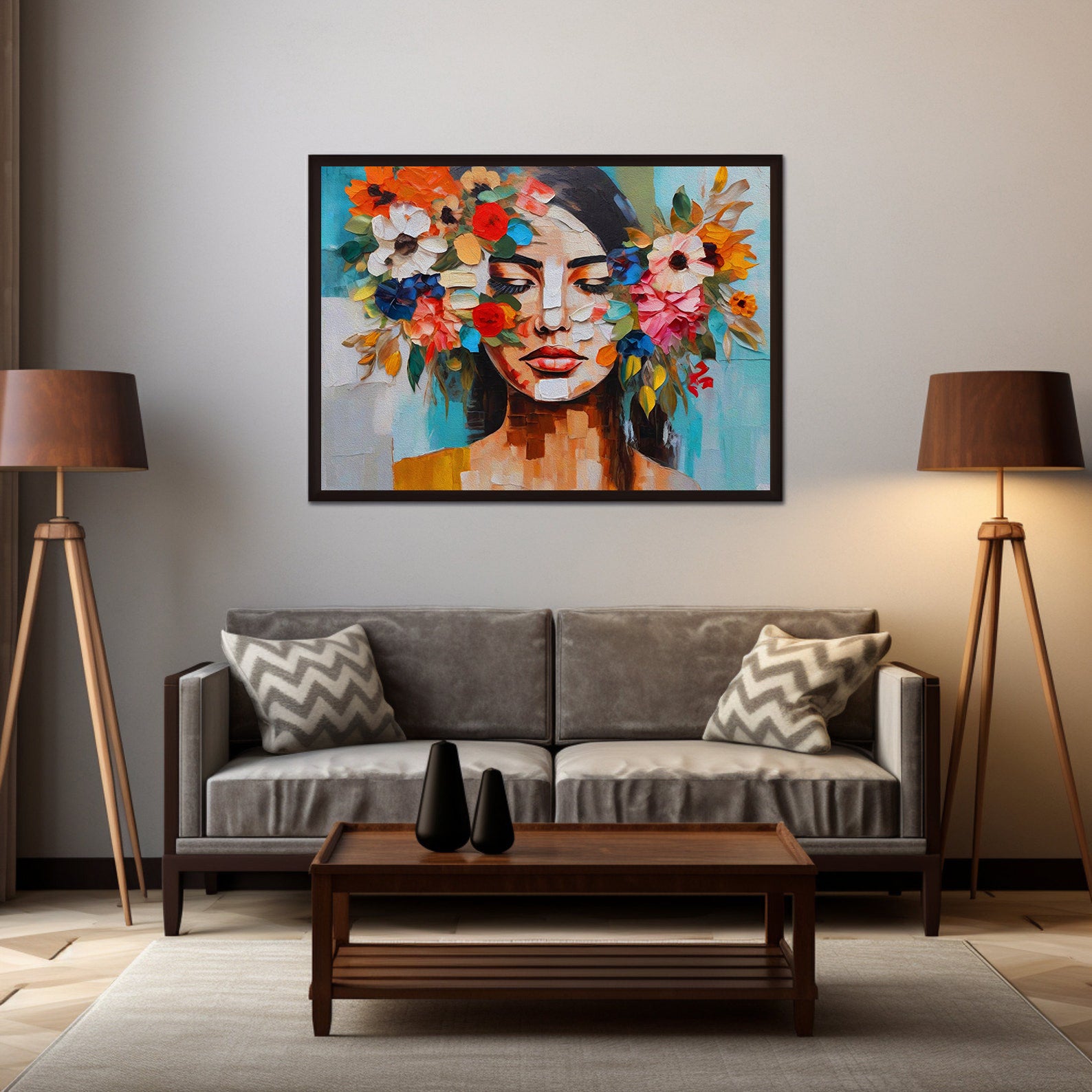 Peinture sur toile - Portrait avec fleurs