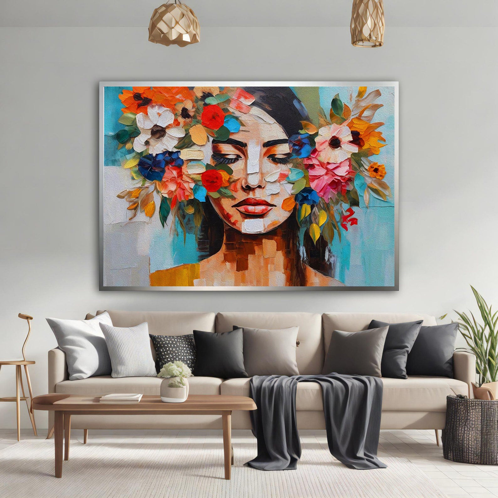 Peinture sur toile - Portrait avec fleurs