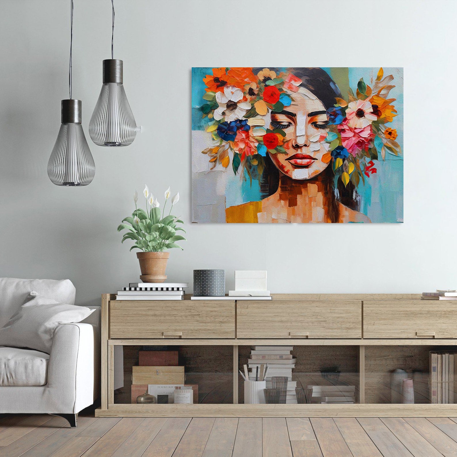 Peinture sur toile - Portrait avec fleurs