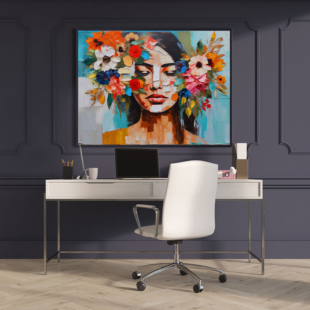 Peinture sur toile - Portrait avec fleurs