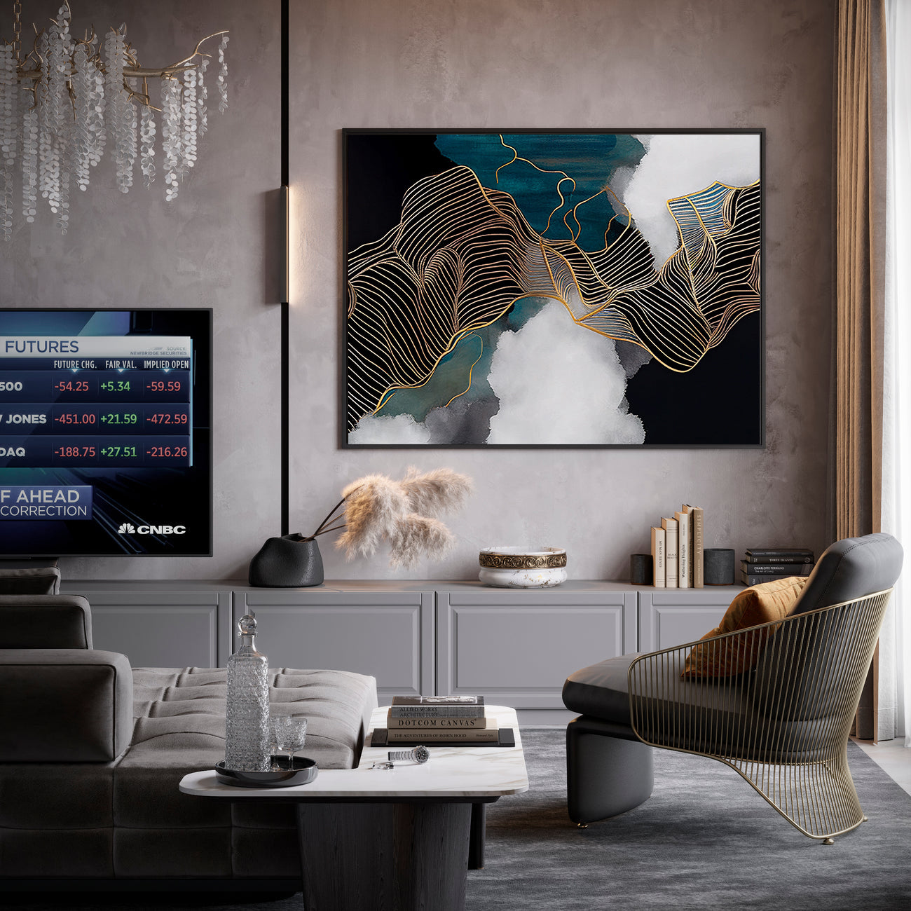 Peinture sur toile – Lignes dorées abstraites