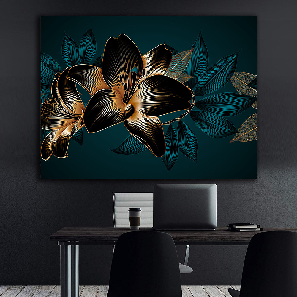Tablou Canvas - Flori Albastre și Aurii