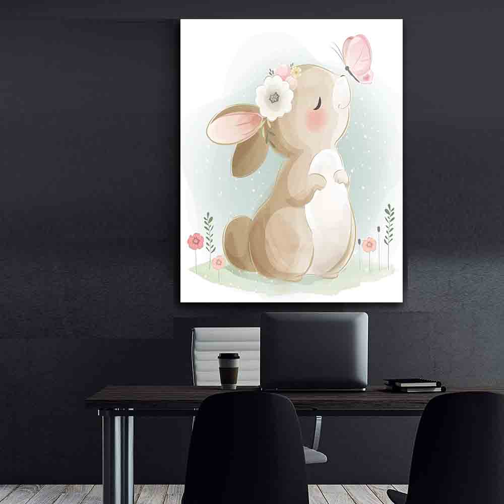 Peinture sur toile - Lapin jouant avec un papillon