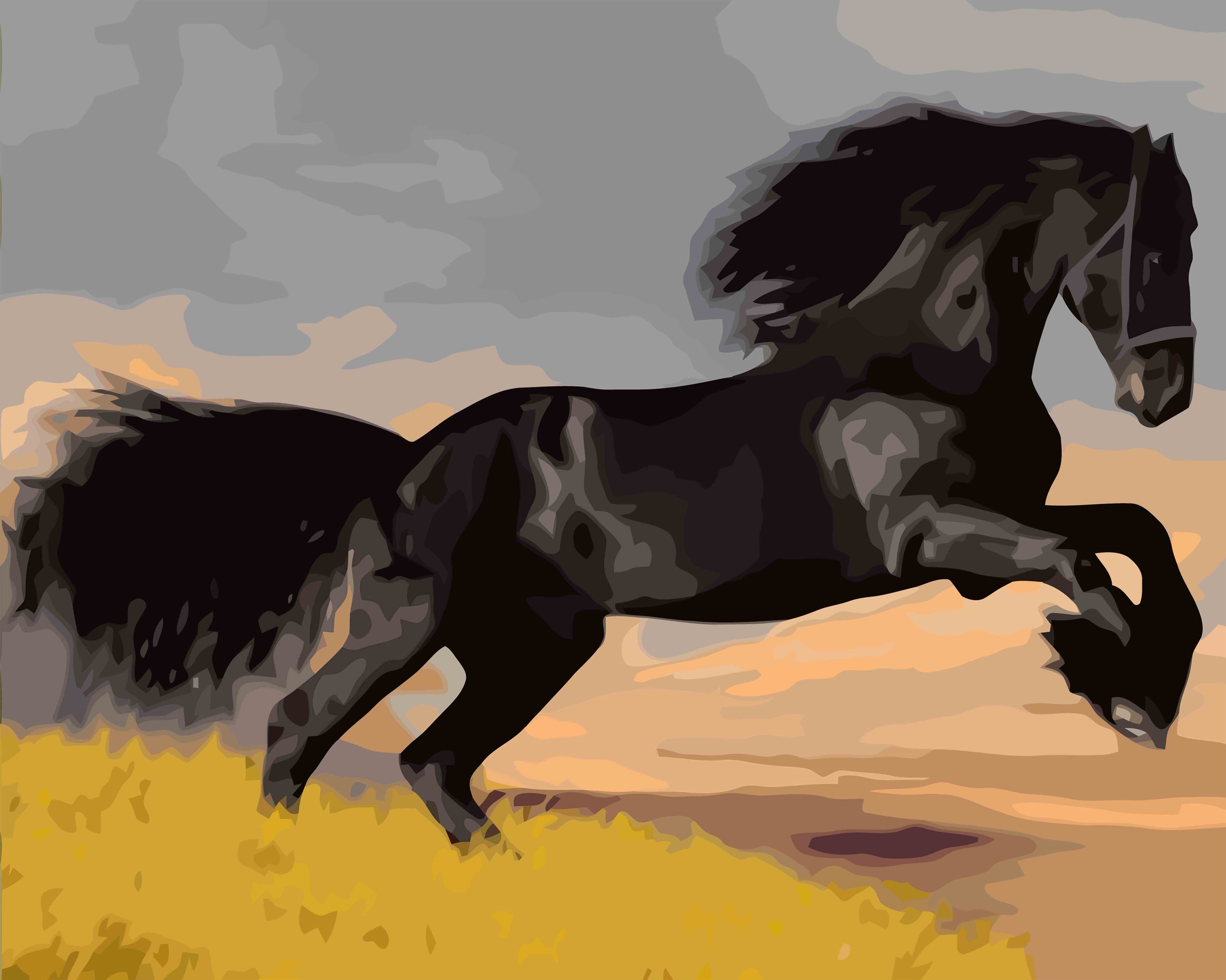 a digital painting of a black horse running in a field