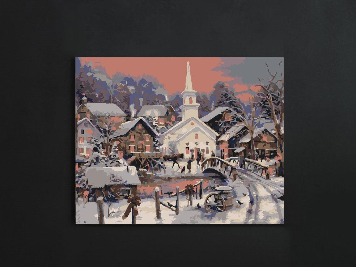 a painting of a snowy village with a church