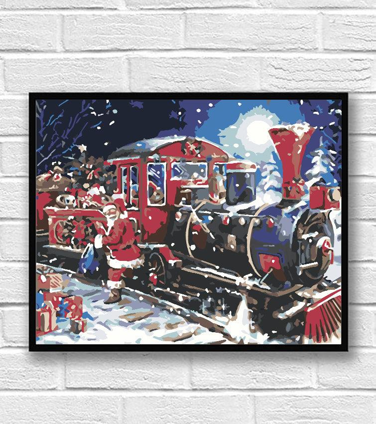 a painting of a train on a brick wall