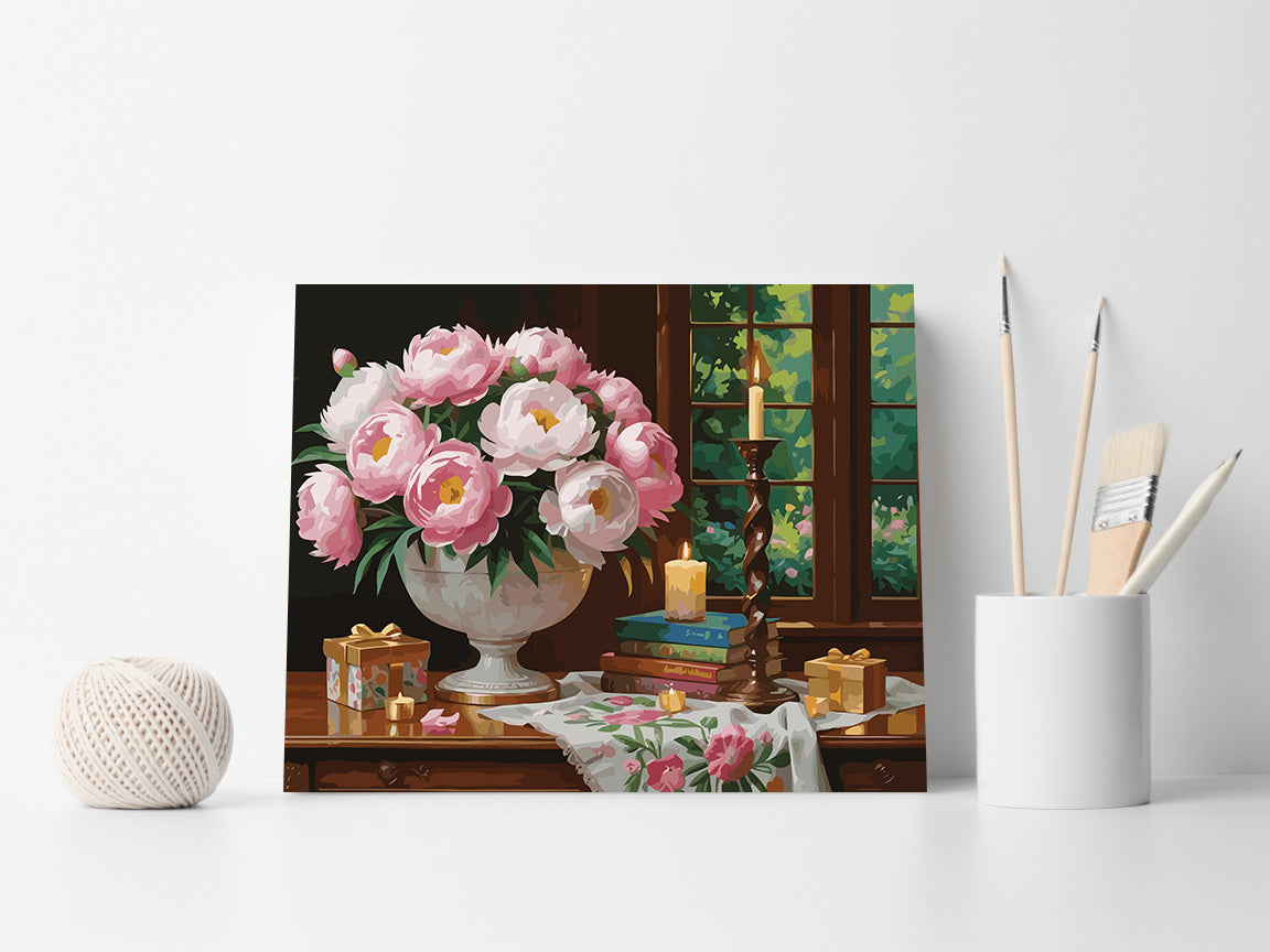 Pictura pe Numere – Bujori in lumina luminarilor 7237