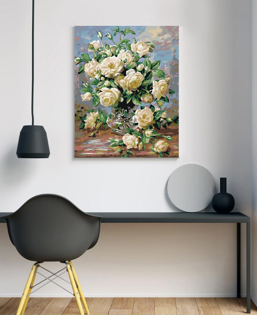 a painting of white roses in a vase on a table