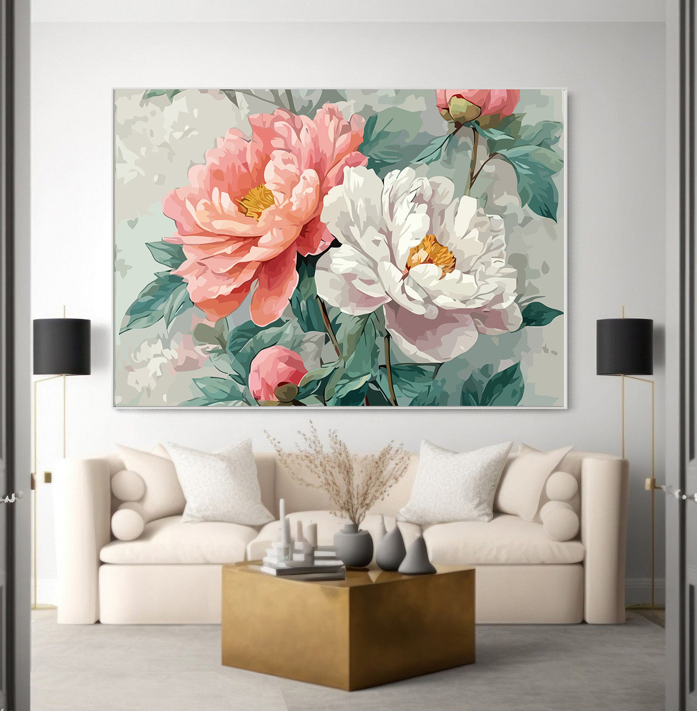 Pictura pe Numere Bujori Alb si Roz 6519